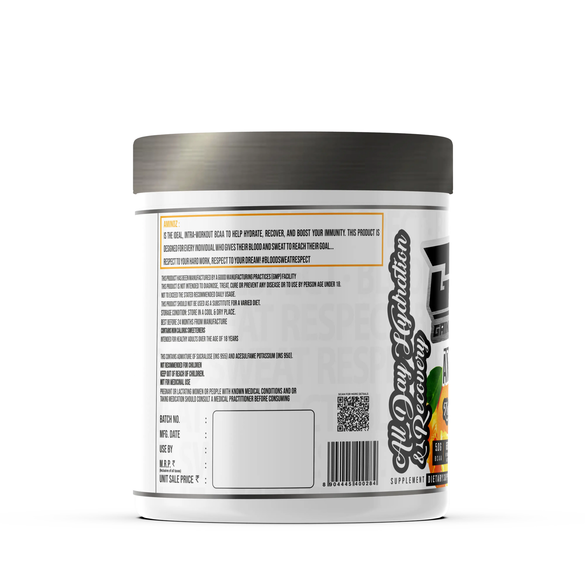 Promotional graphic for GAINZ 4 EVER AMINOZ Zesty Orange flavor. The white 270g supplement jar is centered against a background of dynamic orange liquid splashes and fresh orange slices. The label highlights "BCAA + ELECTROLYTES" and "All Day Hydration & Recovery" with callouts for 5.0g BCAA, 650mg Hydration Matrix, and 50% RDA Vitamin C.