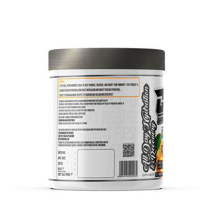 Promotional graphic for GAINZ 4 EVER AMINOZ Zesty Orange flavor. The white 270g supplement jar is centered against a background of dynamic orange liquid splashes and fresh orange slices. The label highlights "BCAA + ELECTROLYTES" and "All Day Hydration & Recovery" with callouts for 5.0g BCAA, 650mg Hydration Matrix, and 50% RDA Vitamin C.